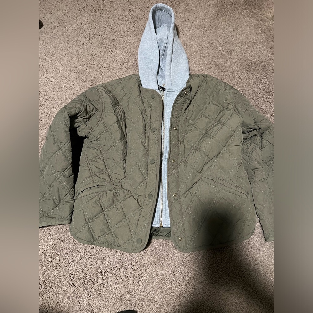 Zara cropped Olive  Jacket with Grey Hoodie Layer